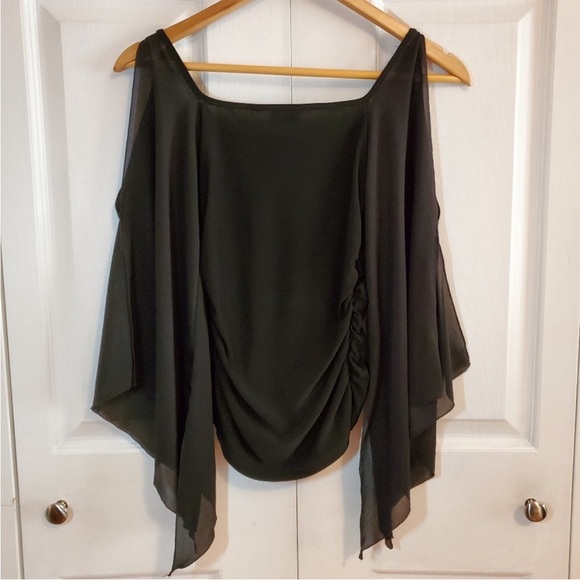 VINTAGE 90’s GOTHIC VAMPIRE LACE UP FLARE SLEEVE RHINESTONE TOP COLD SHOULDER - Picture 2 of 5